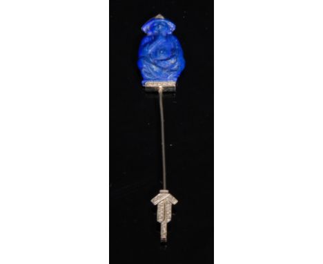 A French blue stone and diamond tie pin, the blue top section carved as a seated Chinese figure in contemplation, rose cut di