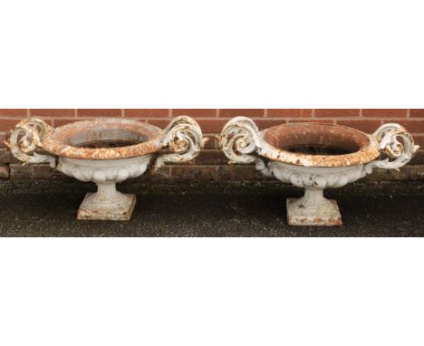 A pair of 19th century cast iron garden urns, the shoulders cast and applied with scrolling acanthus, 41cm high, 89.5cm wide 