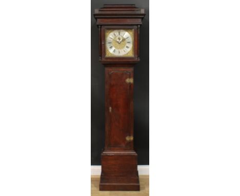 A George III oak longcase clock, 31cm square brass dial inscribed R Ridley, Leigh, silvered chapter ring with Roman and Arabi