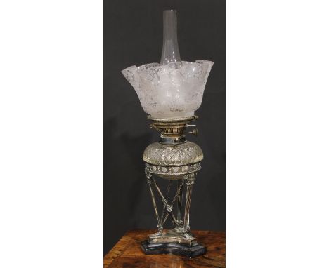 An Edwardian Neo-Classical Revival silver table oil lamp, etched glass shade, Messenger's patent burner, hobnail-cut reservoi