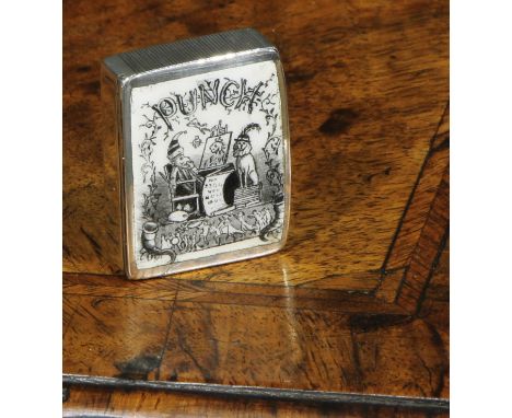 Punch - a Victorian silver and enamel vesta case, hinged cover decorated with Mr Punch and Toby, striker to side, 3.5cm wide,