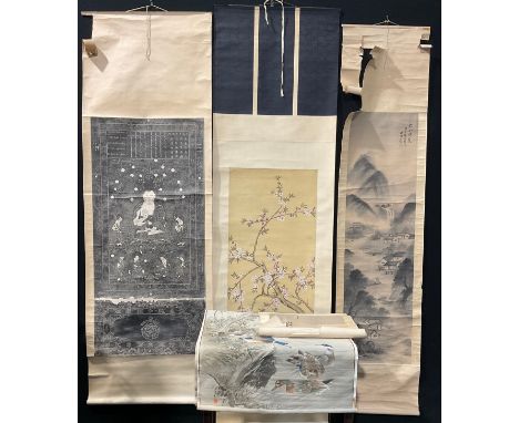 A Japanese scroll painting, sakura blossom, beside a pool of fish, signed, red seal marks, 144cm x 52cm; others, Chinese (5) 