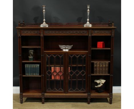 A Chippendale Revival mahogany low library bookcase, rectangular top with pierced three-quarter gallery above a blind fretwor