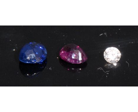 Loose Gemstones - a sapphire, diamond and ruby, provenance Rupa Gems, Colombo, Sri Lanka, 04.09.85 