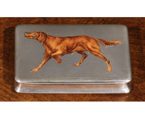 A Continental silver and enamel rounded rectangular snuff box, hinged cover decorated with a red setter dog, gilt interior, 7