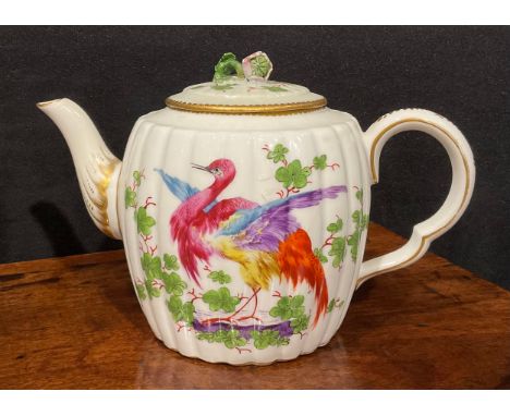 A Chelsea fluted barrel shaped tea pot and cover, painted, possibly by James Giles with brightly coloured fanciful birds with