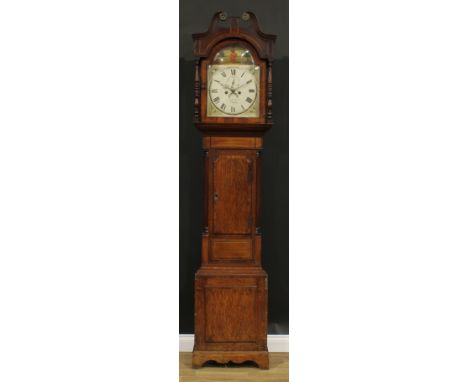 A George III oak and mahogany longcase clock, 33cm arched painted dial inscribed W. Roberts, Derby, Roman numerals, subsidiar