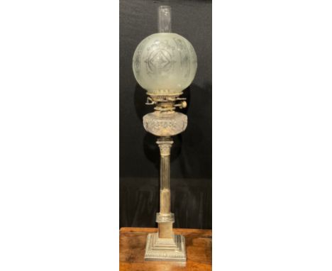 An Edwardian silver plated Corinthian column table oil lamp, etched glass shade, hobnail reservoir, 74cm high, Mappin &amp; W