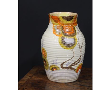 A Clarice Cliff Bizarre Rodanthe pattern lotus vase, of ribbed ovoid form, hand painted with trailing flowers, 29cm high, pri