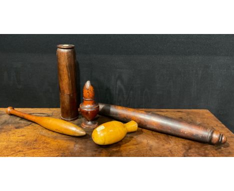 Treen - an early 19th century Sycamore rolling pin, good colour, turned ends, 40cm long, c.1820; a George III vasular fruitwo