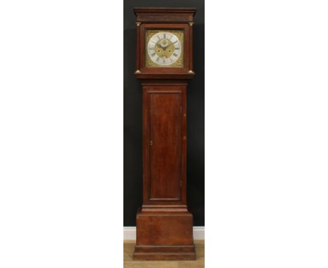 A George III oak longcase clock, 30cm square brass dial inscribed Robert Pell, Malling, Roman and subsidiary Arabic numerals,