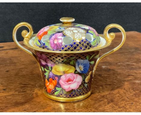 A Spode flared cylindrical violeteer or pot pourri vase and cover, finely painted in coloured enamels with flowers and leaves