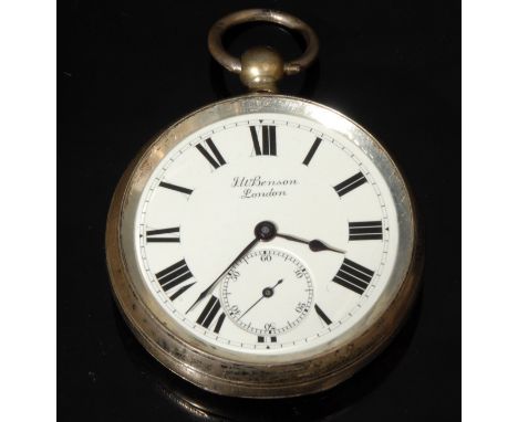 A Victorian silver open faced watch, London 1859, 4.3cm enamel dial, Roman chapter, subsidiary seconds dial, blued steel hand