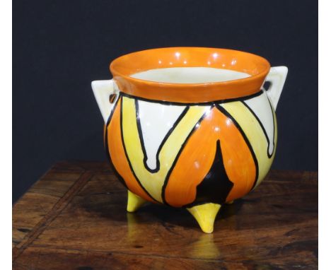 A Clarice Cliff Bizarre Keyhole pattern two handled cauldron, painted with bold geometric shapes in shades of orange, black a