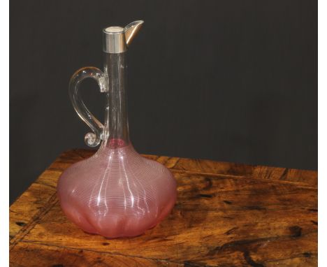 An Edwardian silver mounted cranberry overlaid glass fluted mallet shaped liqueur or claret jug, 20cm high, London 1908 