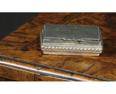 A 19th century silver plated rectangular snuff box, the base engraved with a harbour and a sailing ship, hinged cover, 6cm wi