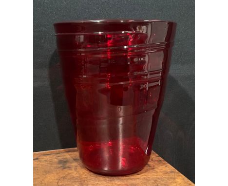 A large Whitefriars Tumbler vase, in ruby red, designed by Barnaby Powell, number 9030, 27.5cm, mid-20th century 