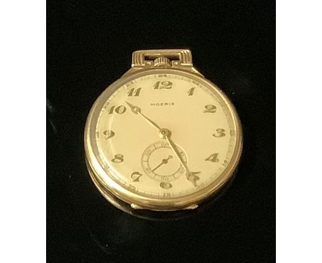 A Moeris pocket watch, the Art Deco case stamped '18k' for 18ct gold, frosted silver dial with Arabic numerals, subsidiary se