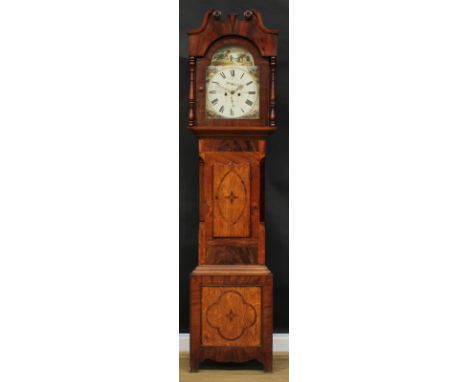 A 19th century Yorkshire oak and mahogany longcase clock, 33cm arched painted dial inscribed J Dresiker, Mytongate, Hull, Rom