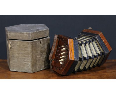 A 19th century concertina, by Lachenal &amp; Co, London, twenty-two keys, steel reeds, serial no.99988, 18cm diam, cased 