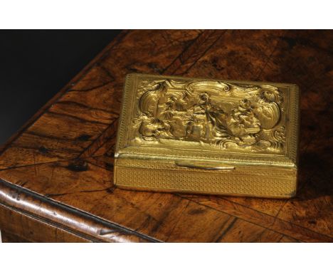 A 19th century silver-gilt rectangular snuff box, hinged cover cast in relief with a scene from Classical Antiquity, engine t