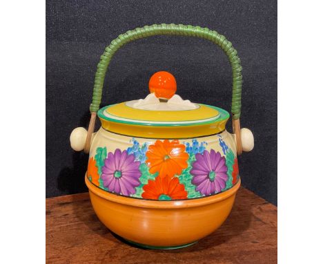 A Clarice Cliff Bizarre Gayday pattern biscuit barrel and cover, painted with summer flowers, wicker handle, 15cm high to fin