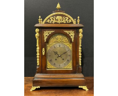 A George II style gilt metal mounted mahogany bracket clock, 18.5cm arched brass dial with silvered chapter ring inscribed wi