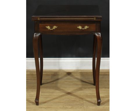 A late Victorian mahogany envelope card table, baize lined playing surface above a frieze drawer, gilt metal rococo style han