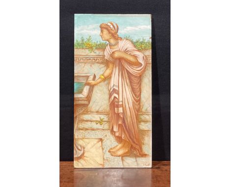 An Aesthetic Movement rectangular tile, painted by J Gould, signed, with classical maiden at a reflection pool, 40.5cm x 20.5