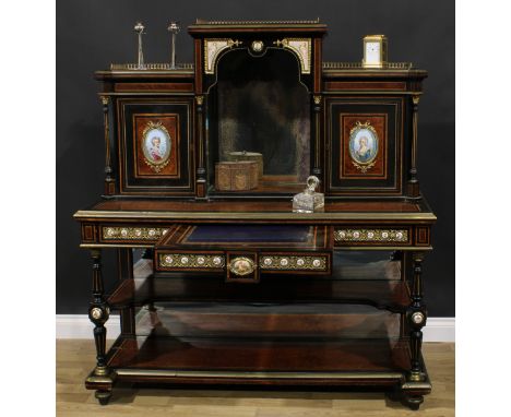 A 19th century gilt metal and porcelain mounted kingwood crossbanded amboyna and ebonised bonheur du jour, stepped superstruc