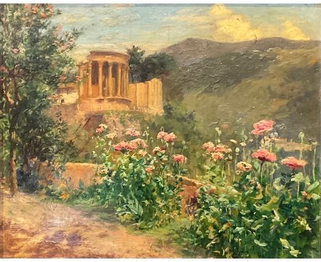Attributed to Middleton Alexander Jameson (1851–1919) Garden with Classical Ruinsinscribed to verso, oil on board, 20.5cm x 2