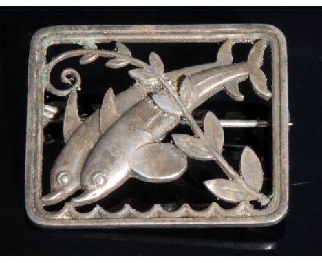 A silver rectangular George Jensen dolphin brooch, two dolphins breeching behind a single leafy stem, 3.8cm wide, 3.1cm high,