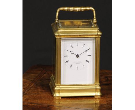 A 19th century gilt brass carriage clock, 6cm rectangular enamel dial inscribed Edward Bright, Pavilion Buildings, Brighton, 