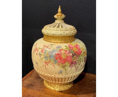 A large Royal Worcester ovoid pot pourri vase and cover, decorated with summer flowers, picked out in gilt on a blush ivory g