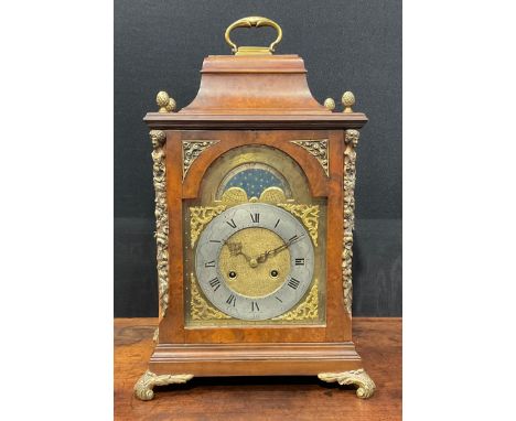 A George II Revival gilt metal mounted walnut caddy top bracket clock, by Junghans, 20cm arched brass dial with silvered chap