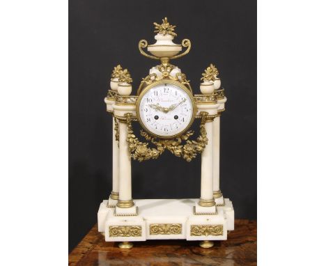 A 19th century French gilt metal mounted marble portico clock, 11cm enamel dial inscribed Planchon, Paris, Arabic numerals, t
