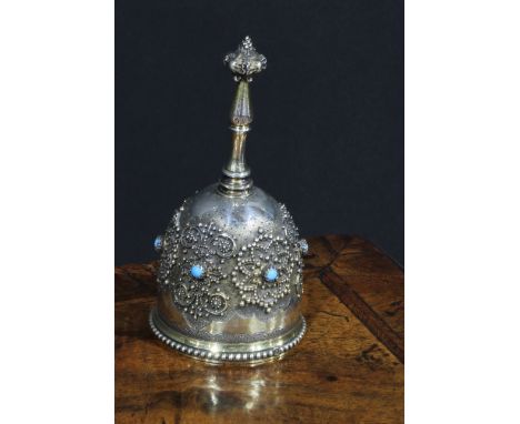 A 19th century French Renaissance Revival silver-gilt table bell, applied with medallions and set with turquoise cabochons, 1