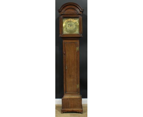 A George II oak longcase clock, 30cm square brass dial inscribed J Shepard, Sheffield, Roman and subsidiary Arabic numerals, 