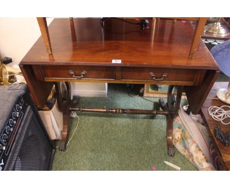 20thC Drop leaf Sofa table of two drawers with Lyre ends 