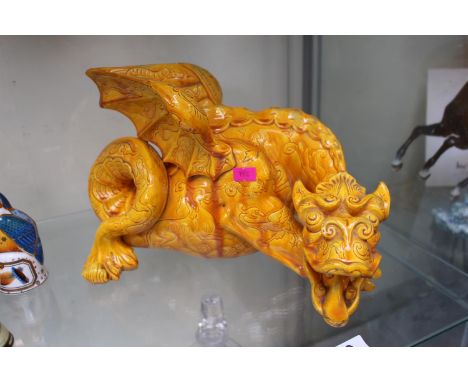 Impressive Grove &amp; Stark Pottery model of a Dragon in Yellow glaze. 30cm in Length 