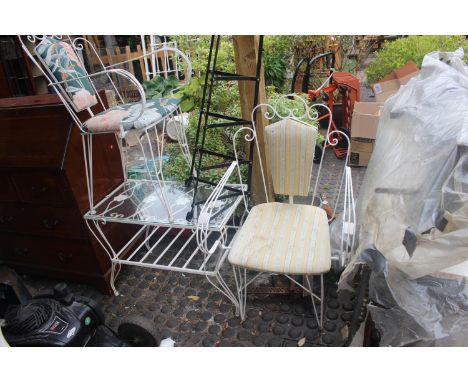 Metal glass topped table, 2 Elbow chairs and a Pot stand 