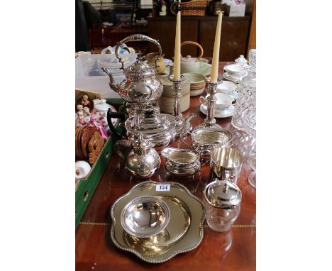 Pair of Good quality Silver plated Candlesticks, SIlver plated Kettle on stand and assorted Silver plated wares 