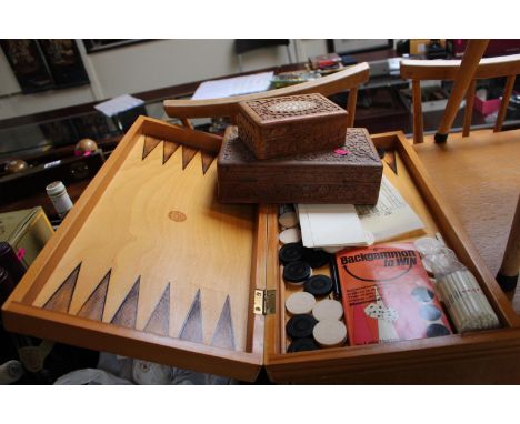 Backgammon case and 2 Carved Indonesian boxes 