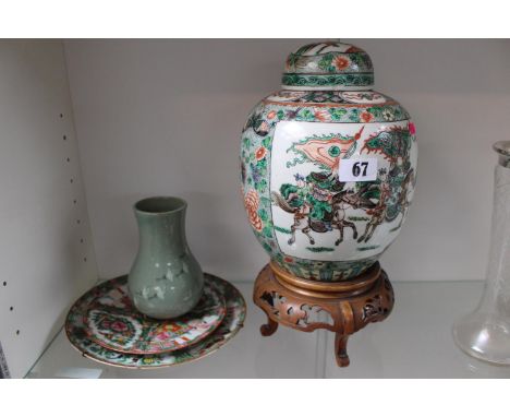 Chinese Celadon Stork decorated vase, Large 20thC Ginger Jar on stand and 2 Japanese figural decorated plates 