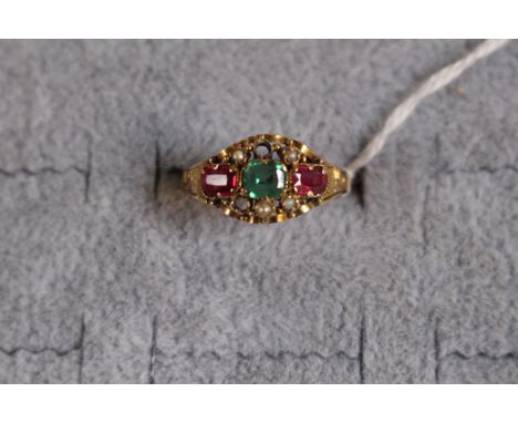 Ladies 12ct Gold Emerald, Ruby &amp; Seed pearl set dress ring. 1.7g total weight. Size O 1/2 