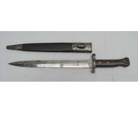 A BRITISH ARMY BAYONET made by Wilkinson London, wooden grips, No.59 on grips, 12 inch blade, on right of blade and cross and