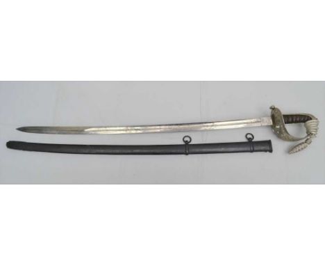 AN OFFICER'S SWORD, the blade engraved to both sides, VR over portcullis on right, crown over VR on left, 32.5" blade, in met