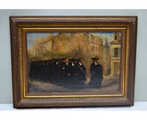 EYRE CROWE A.R.A. (1884-1910) 'A Worthy Procession', clerical figures in an architectural scape, Oil painting on canvas, sign