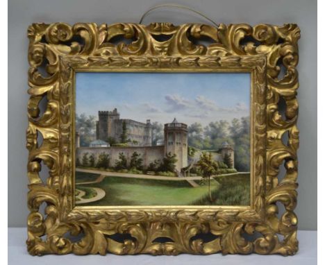 A. CLOWES 'Fortified Manor House', painted ceramic panel, signed, 22cm x 29cm, in ornate gilt Florentine style frame 