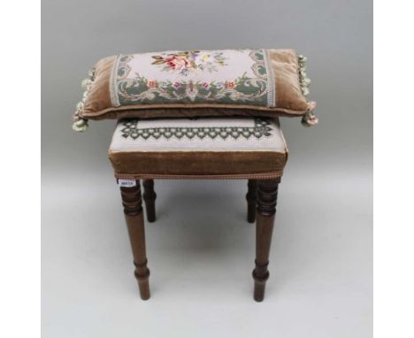 A 19TH CENTURY STOOL, on ring turned mahogany supports, woolwork tapestry seat, 36cm square 